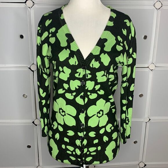 Eci Black & Green Floral Cardigan Size Small - Picture 1 of 10